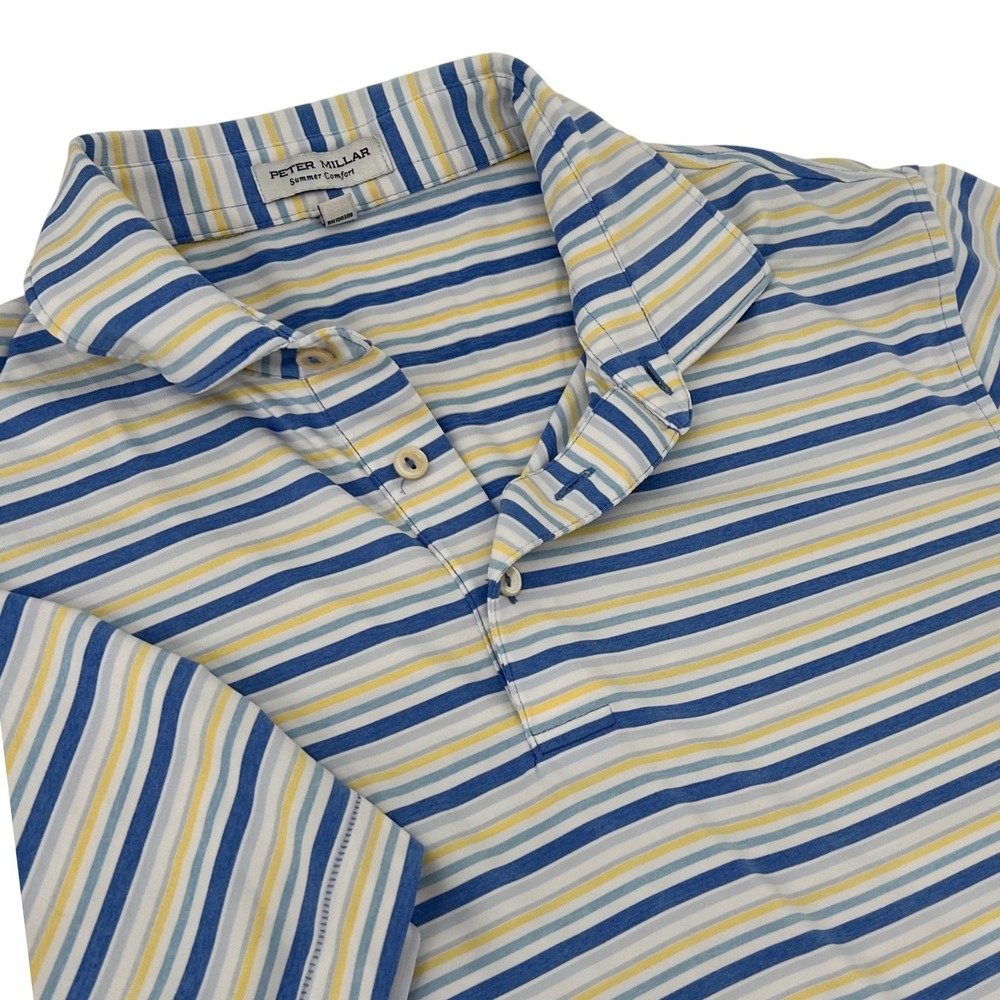 Peter Millar Summer Comfort Polo Shirt Mens Medium Blue Yellow Striped Golf Top